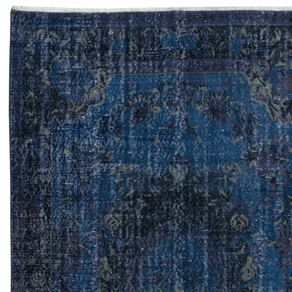 French Aubusson Rug in Navy Blue, Handmade Turkish Carpet in Dark Blue