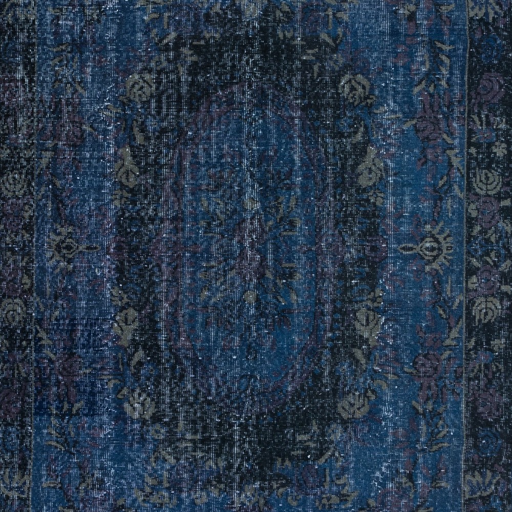 French Aubusson Rug in Navy Blue, Handmade Turkish Carpet in Dark Blue