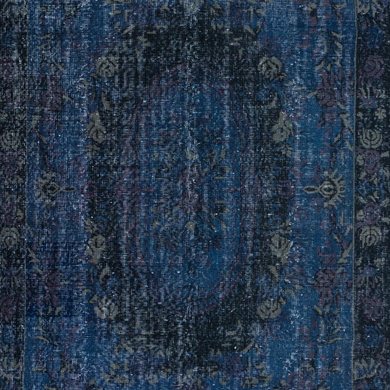 French Aubusson Rug in Navy Blue, Handmade Turkish Carpet in Dark Blue