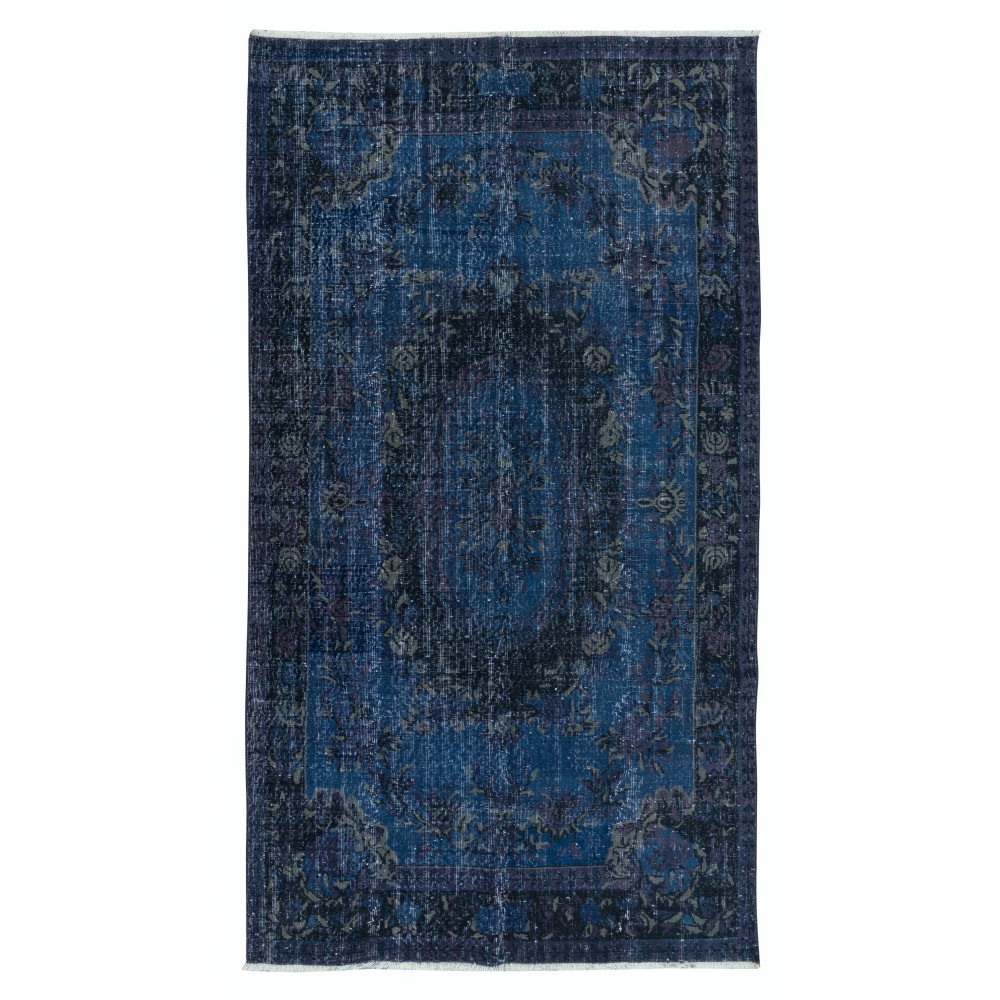 French Aubusson Rug in Navy Blue, Handmade Turkish Carpet in Dark Blue