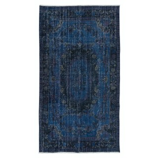 French Aubusson Rug in Navy Blue, Handmade Turkish Carpet in Dark Blue