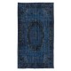 French Aubusson Rug in Navy Blue, Handmade Turkish Carpet in Dark Blue