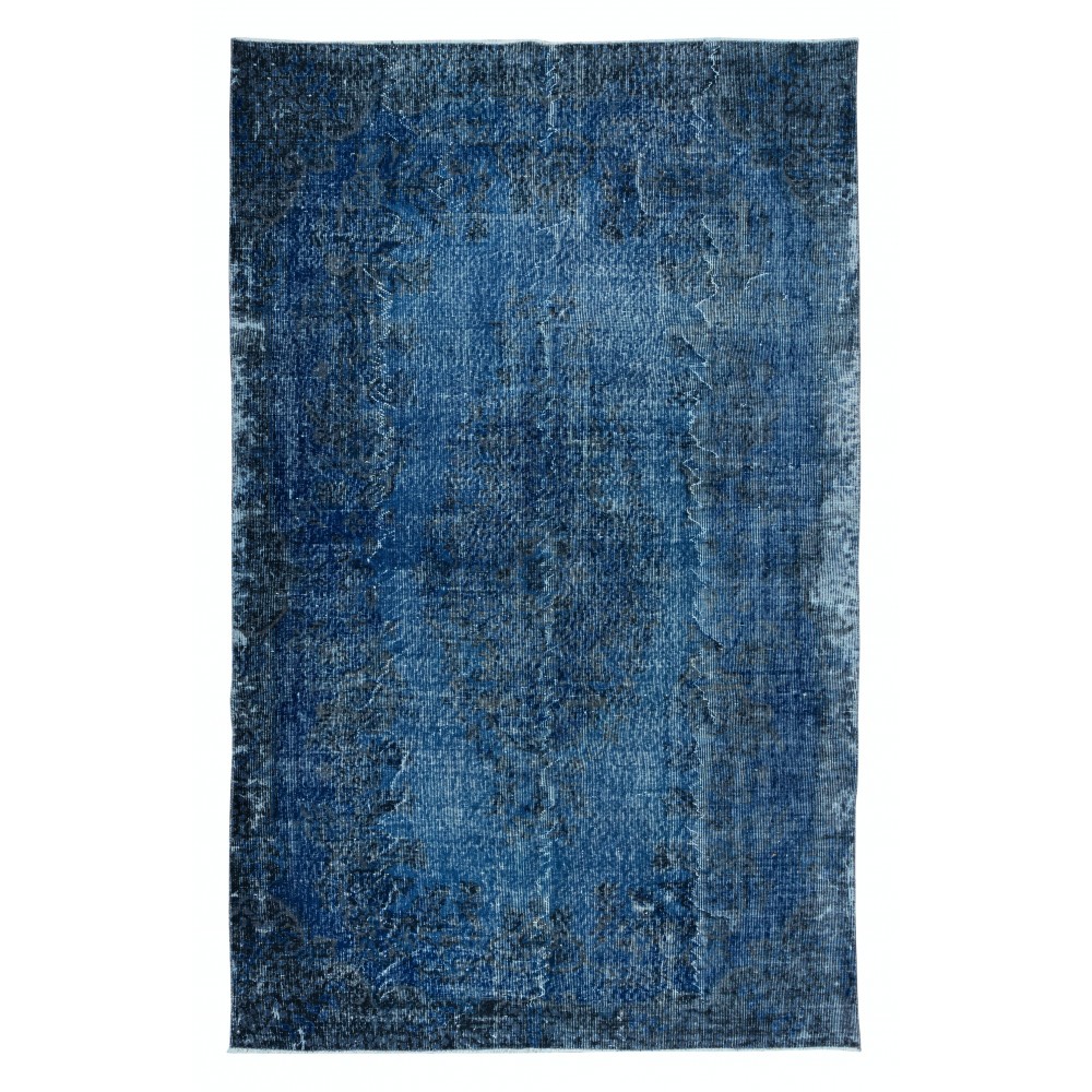 Contemporary Overdyed Hand Knotted Wool Blue Area Rug from Turkey