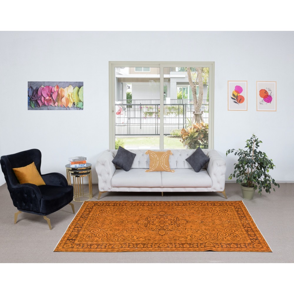 Hand-Made Turkish Area Rug in Orange, Modern Carpet, Woolen Floor Covering