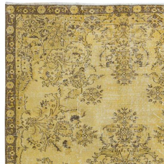 Decorative  Handmade Turkish Rug Re-Dyed in Yellow, Floral Medallion Design Carpet