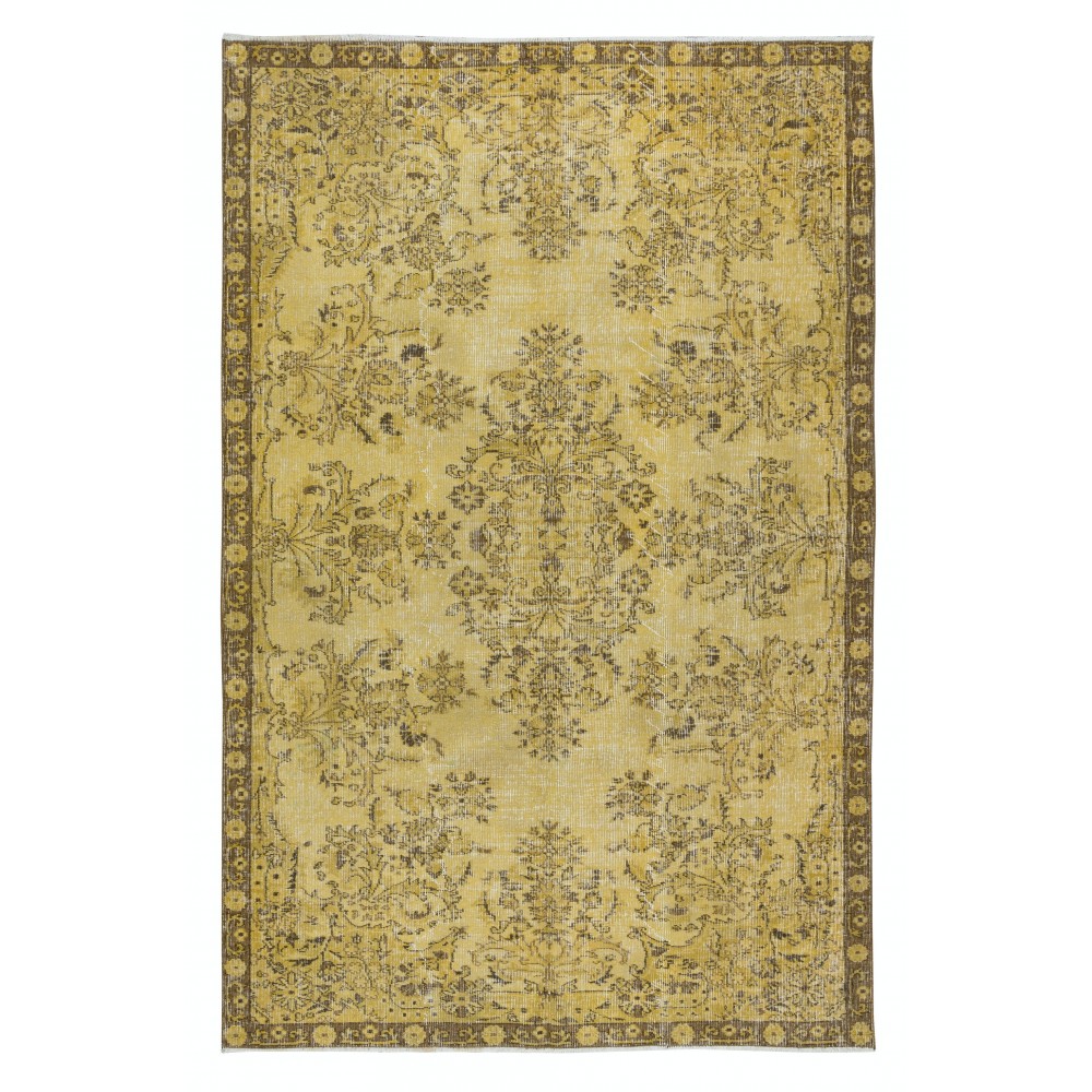 Decorative  Handmade Turkish Rug Re-Dyed in Yellow, Floral Medallion Design Carpet