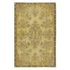 Decorative  Handmade Turkish Rug Re-Dyed in Yellow, Floral Medallion Design Carpet