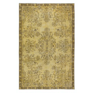 Decorative  Handmade Turkish Rug Re-Dyed in Yellow, Floral Medallion Design Carpet