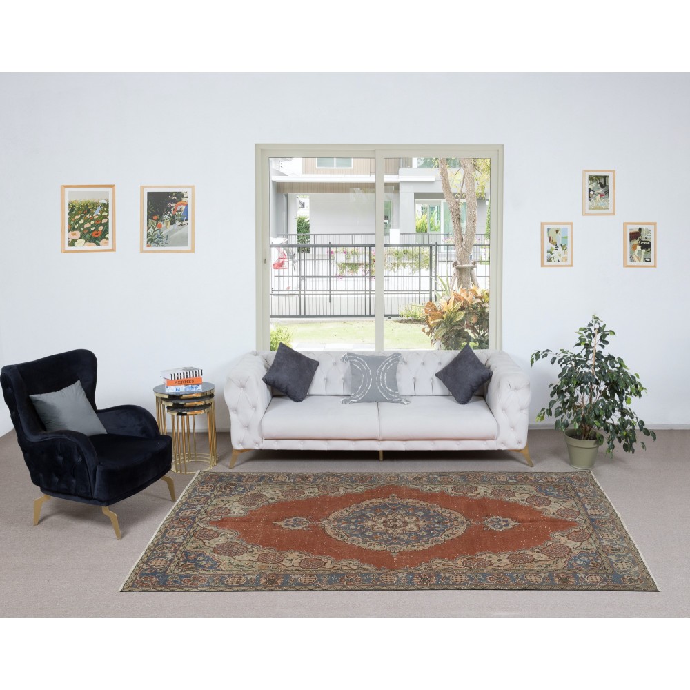Traditional Hand Knotted Turkish Rug. Vintage Village Carpet. Red, Dark Blue & Beige Colors