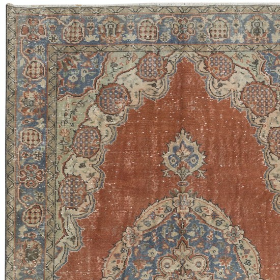 Traditional Hand Knotted Turkish Rug. Vintage Village Carpet. Red, Dark Blue & Beige Colors
