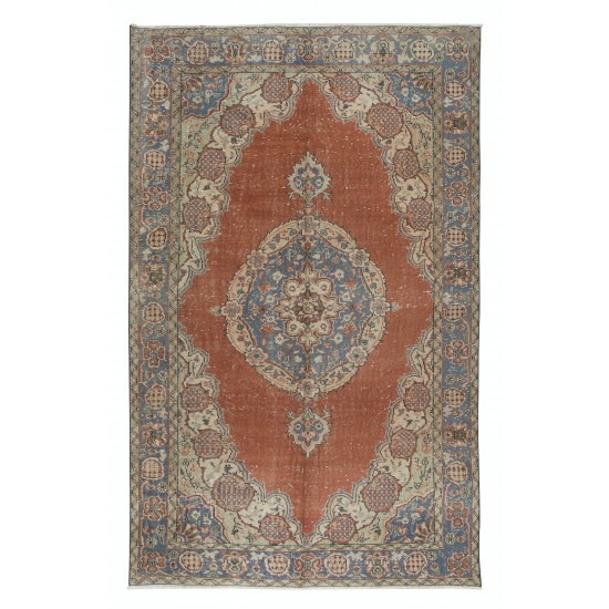 Traditional Hand Knotted Turkish Rug. Vintage Village Carpet. Red, Dark Blue & Beige Colors