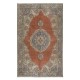 Traditional Hand Knotted Turkish Rug. Vintage Village Carpet. Red, Dark Blue & Beige Colors