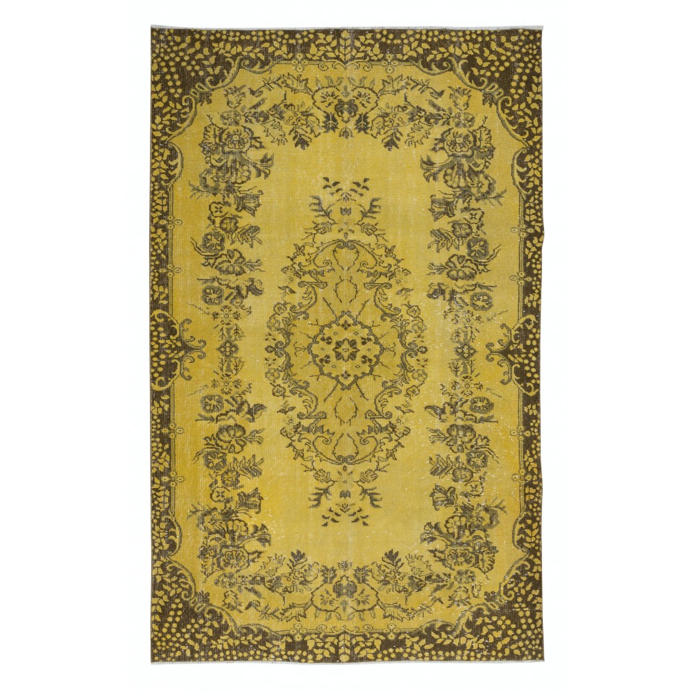 Modern Handmade Turkish Area Rug with Medallion Design & Yellow Background