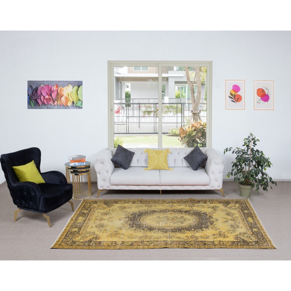 Classic Aubusson Inspired Handmade Turkish Area Rug in Soft Yellow & Brown