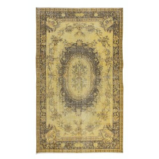 Classic Aubusson Inspired Handmade Turkish Area Rug in Soft Yellow & Brown