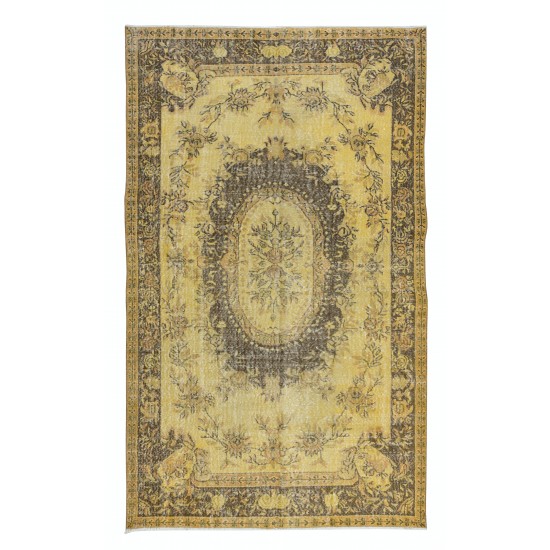Classic Aubusson Inspired Handmade Turkish Area Rug in Soft Yellow & Brown