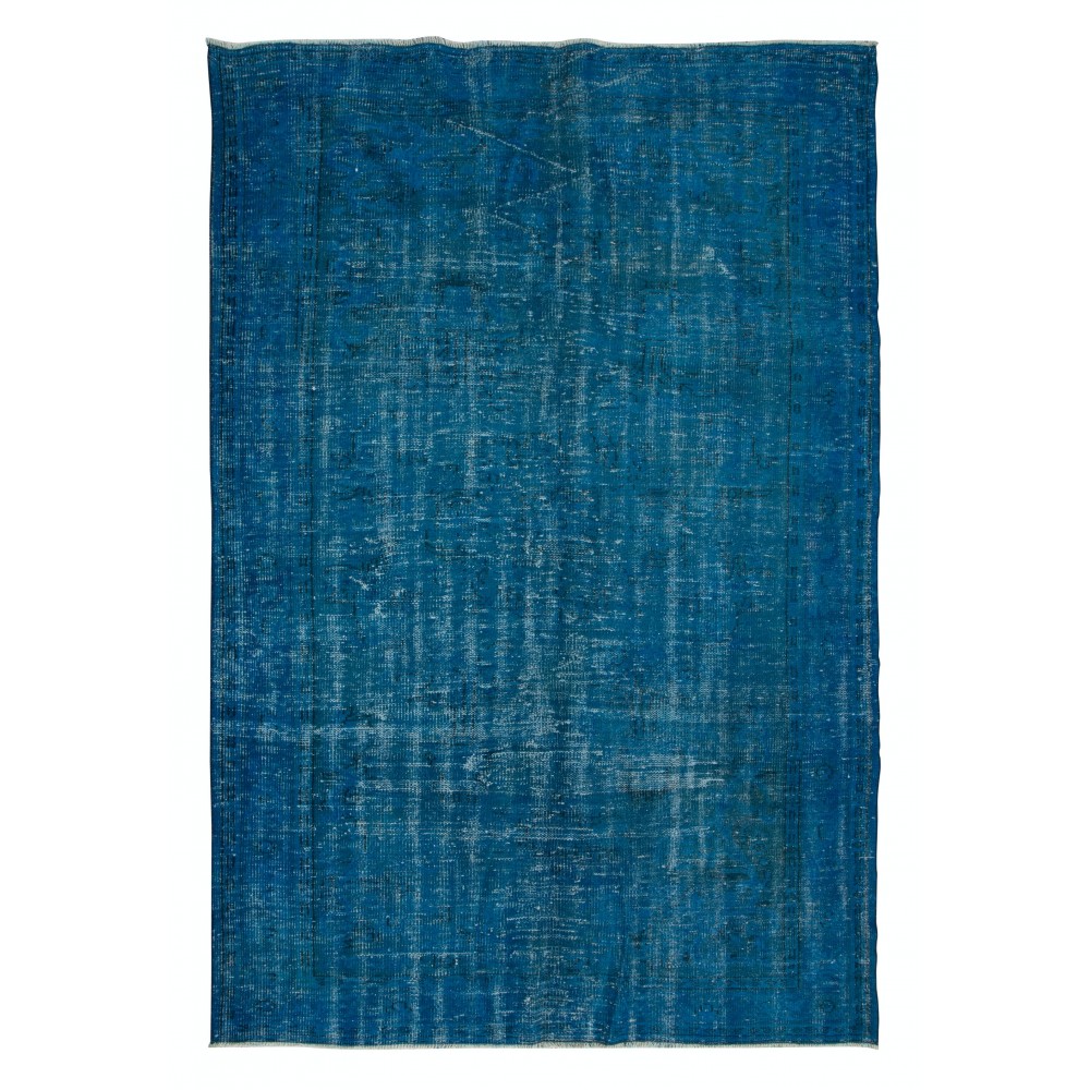 Overdyed Wool Blue Area Rug, Handmade in Turkey, Modern Upcycled Carpet