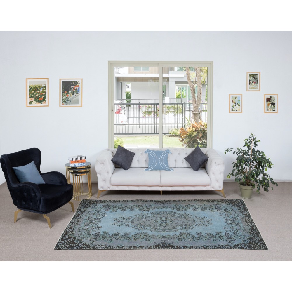 Contemporary Handmade Turkish Wool Area Rug in Baby Blue, Soft Pink & Black Tones