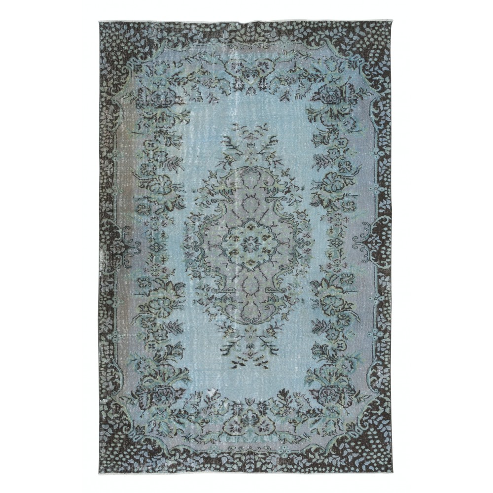 Contemporary Handmade Turkish Wool Area Rug in Baby Blue, Soft Pink & Black Tones