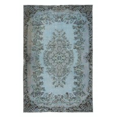 Contemporary Handmade Turkish Wool Area Rug in Baby Blue, Soft Pink & Black Tones
