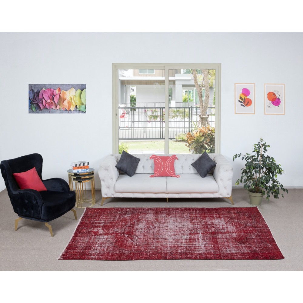 Distressed Turkish Handmade Wool Area Rug in Red, Ideal for Contemporary Interiors