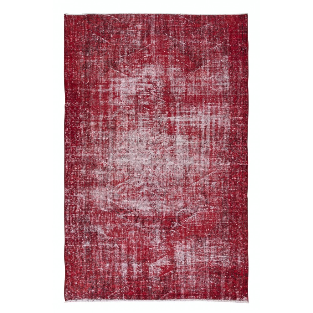 Distressed Turkish Handmade Wool Area Rug in Red, Ideal for Contemporary Interiors