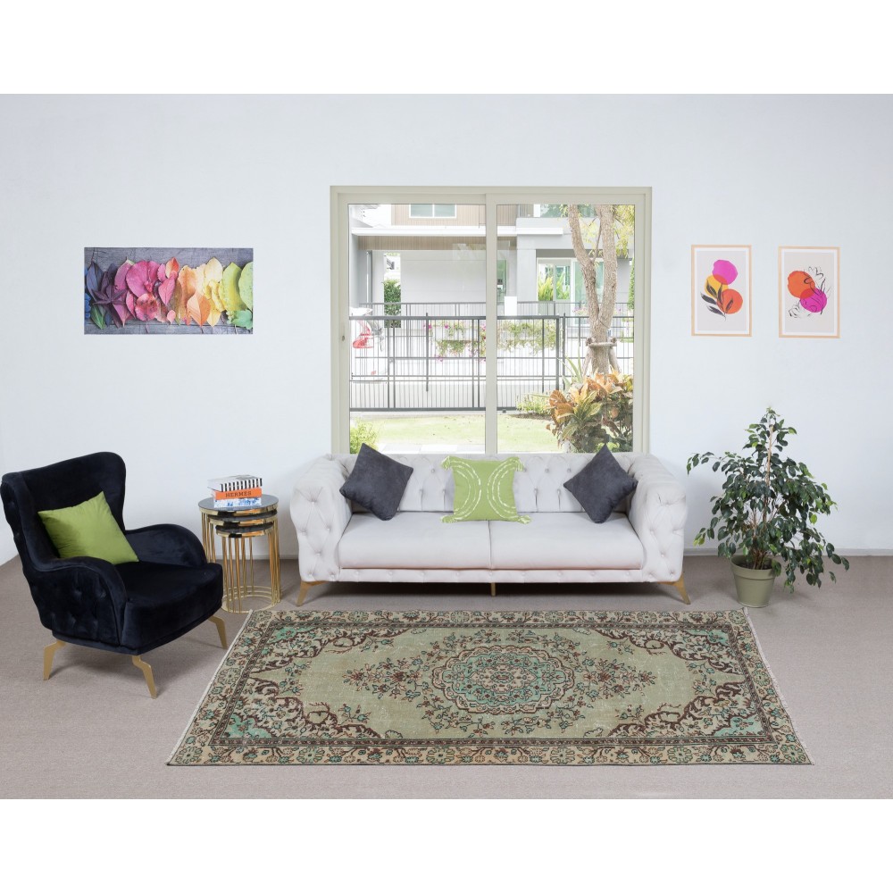 Unique Handmade Turkish Area Rug, Green Modern Wool Carpet