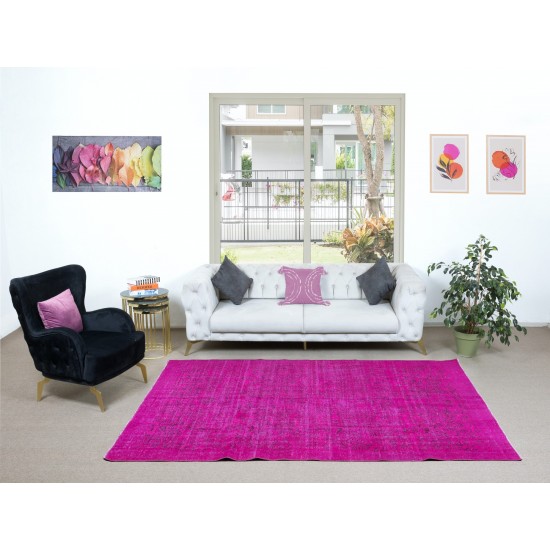 Handmade Turkish Floral Pattern Rug with Hot Pink Background and Solid Border