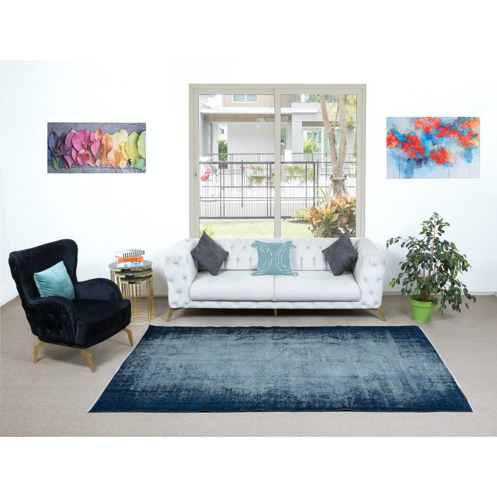 Distressed Handmade Navy Blue Area Rug, Modern Turkish Wool Carpet in Royal Blue