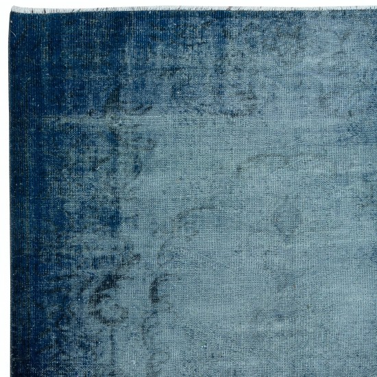 Distressed Handmade Navy Blue Area Rug, Modern Turkish Wool Carpet in Royal Blue