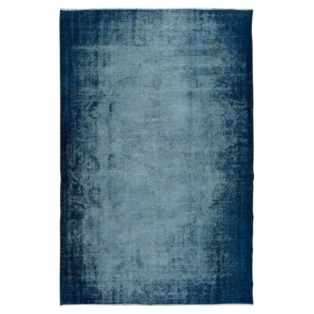 Distressed Handmade Navy Blue Area Rug, Modern Turkish Wool Carpet in Royal Blue