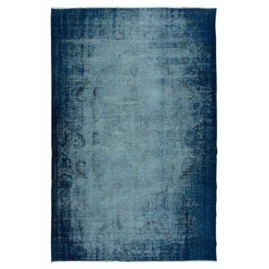 Distressed Handmade Navy Blue Area Rug, Modern Turkish Wool Carpet in Royal Blue