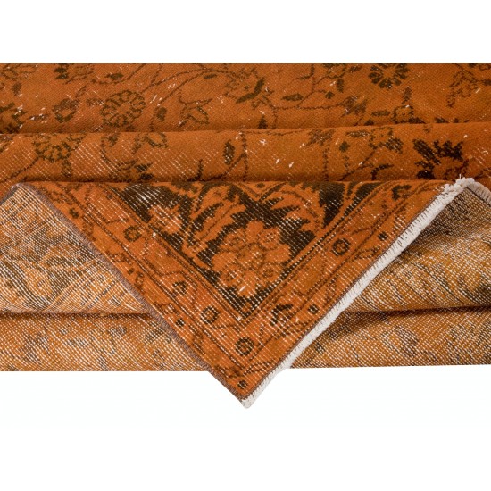 Orange Handmade Turkish Rug with All-Over Botanical Design