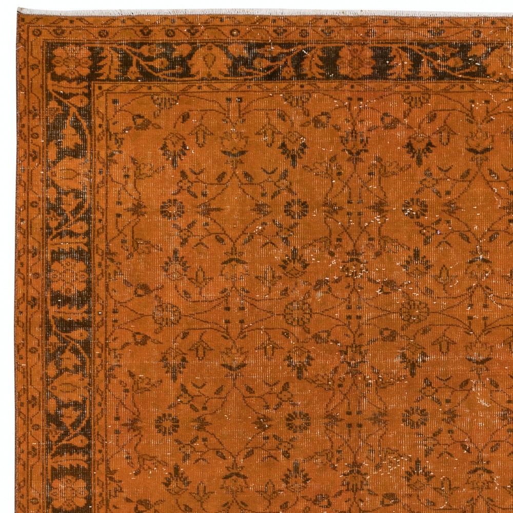 Orange Handmade Turkish Rug with All-Over Botanical Design