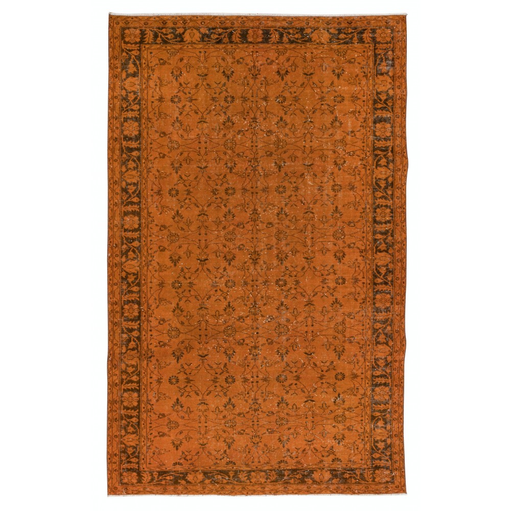 Orange Handmade Turkish Rug with All-Over Botanical Design