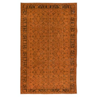 Orange Handmade Turkish Rug with All-Over Botanical Design