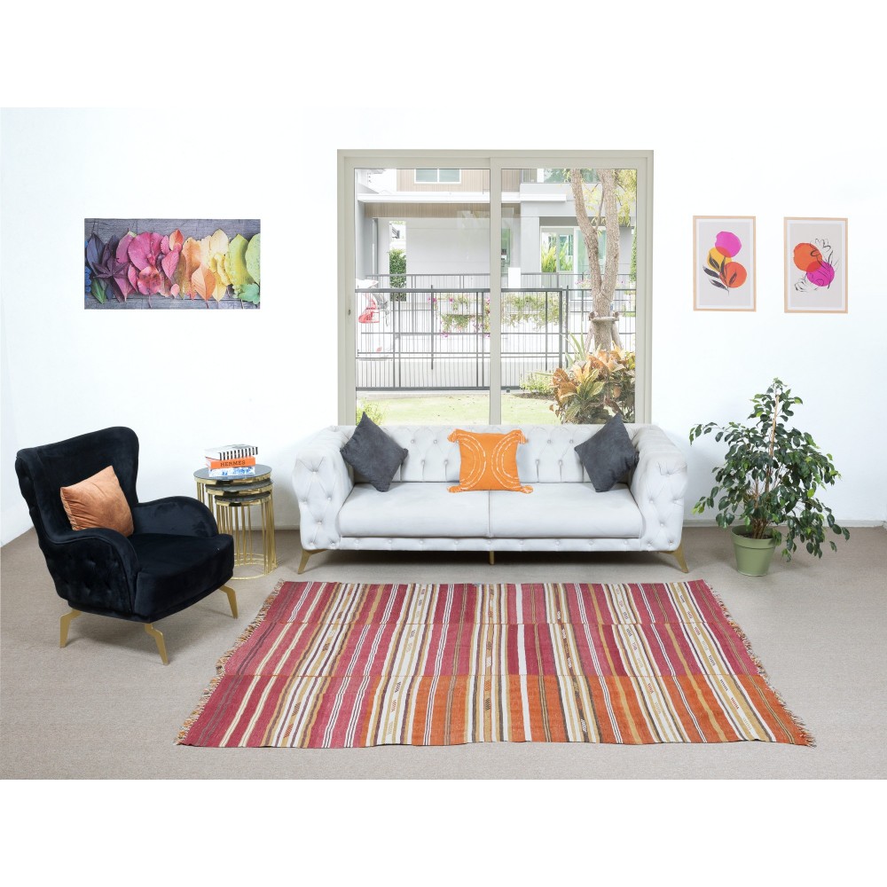 Hand-Woven Anatolian Kilim, Striped Multicolor Rug, Flat-Weave, 100% Wool