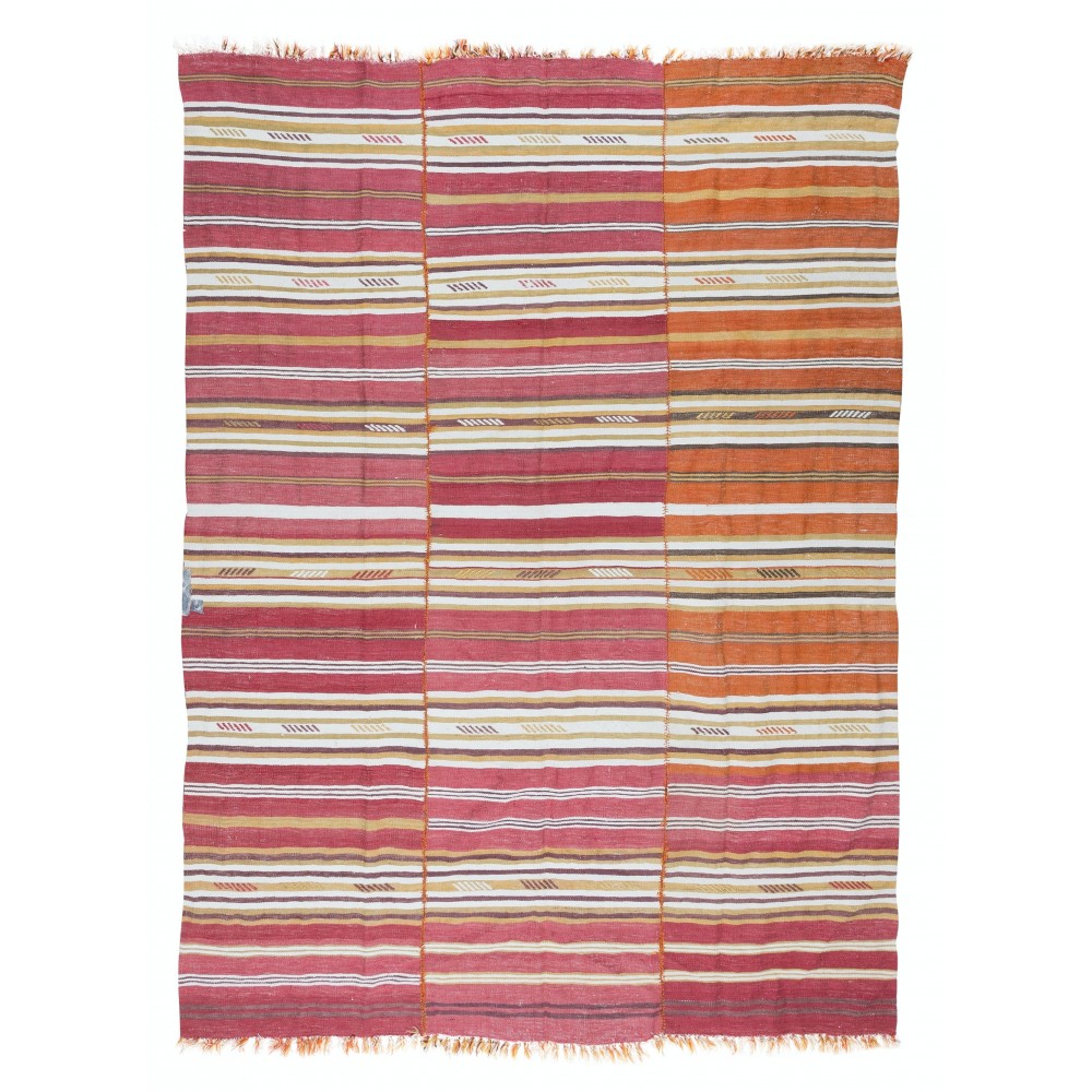 Hand-Woven Anatolian Kilim, Striped Multicolor Rug, Flat-Weave, 100% Wool