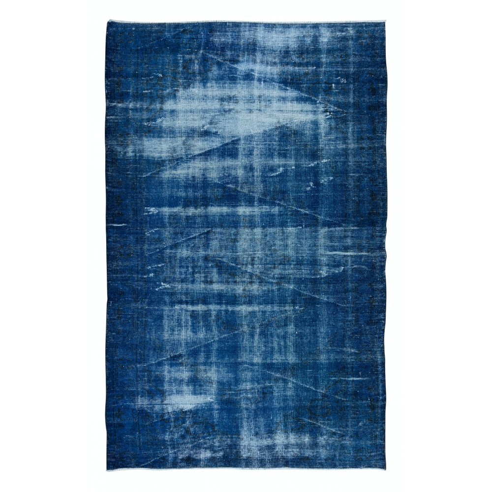 Hand Knotted Blue Area Rug with Shabby Chic Style, Blue Over-Dyed Carpet for Modern Interiors