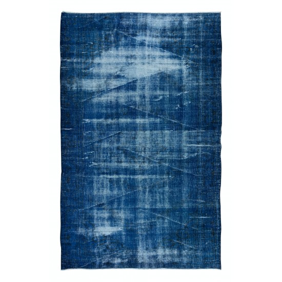 Hand Knotted Blue Area Rug with Shabby Chic Style, Blue Over-Dyed Carpet for Modern Interiors