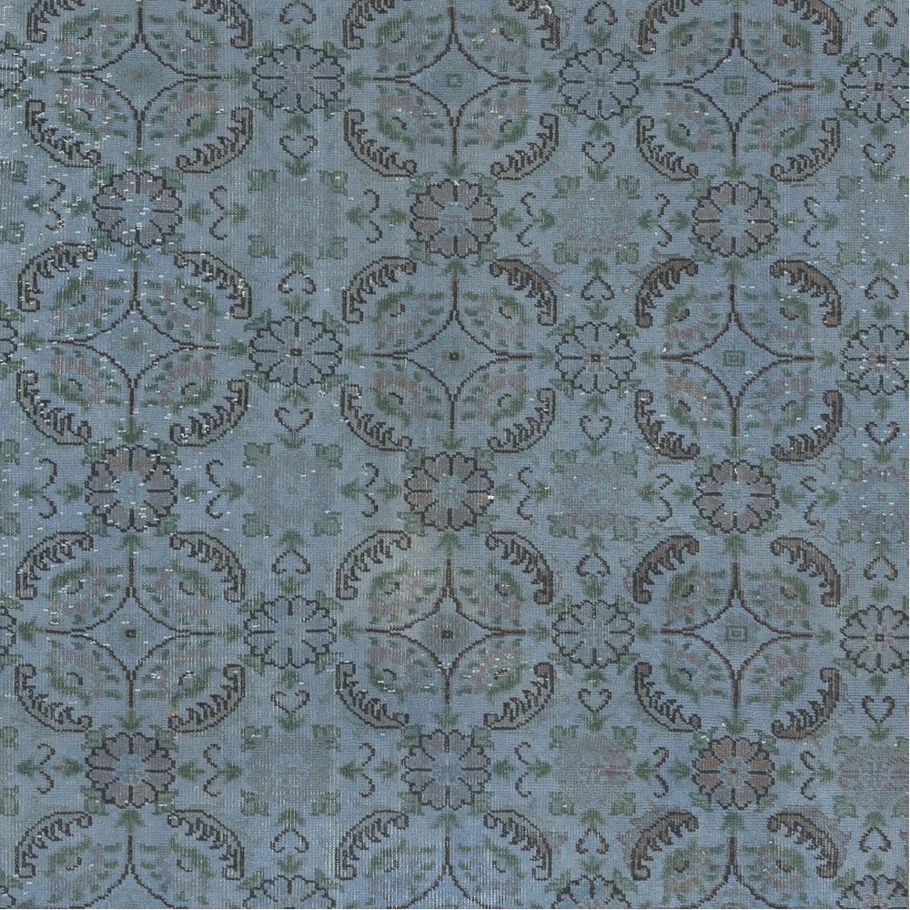 Handmade Flower Design Turkish Area Rug with Solid Border & Light Blue Background