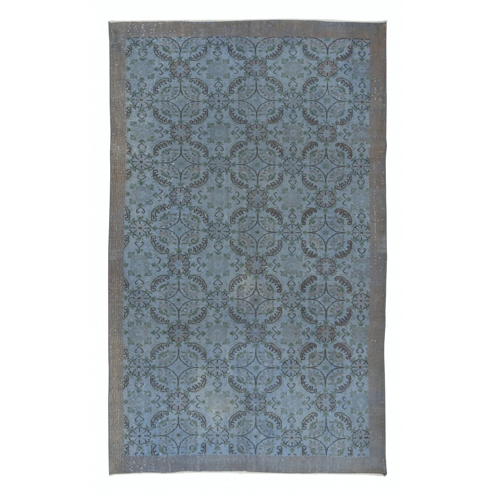 Handmade Flower Design Turkish Area Rug with Solid Border & Light Blue Background