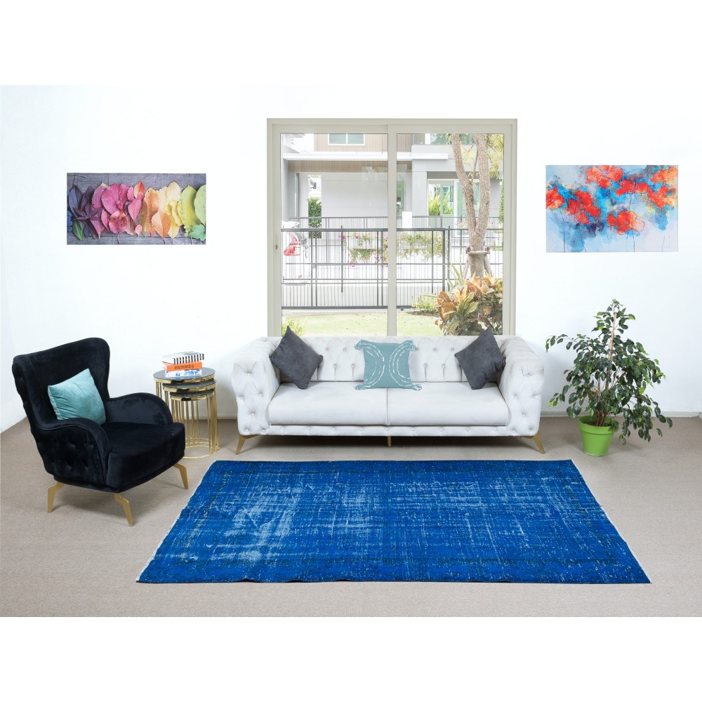 Handmade Turkish Wool Area Rug in Solid Blue 4 Modern Interiors