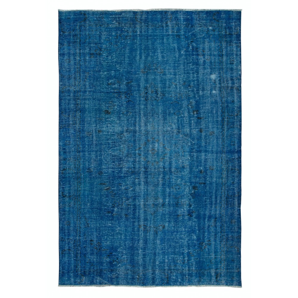 Traditional Handmade Rug in Sapphire Blue, Modern Egyptian Blue Redyed Carpet from Turkey