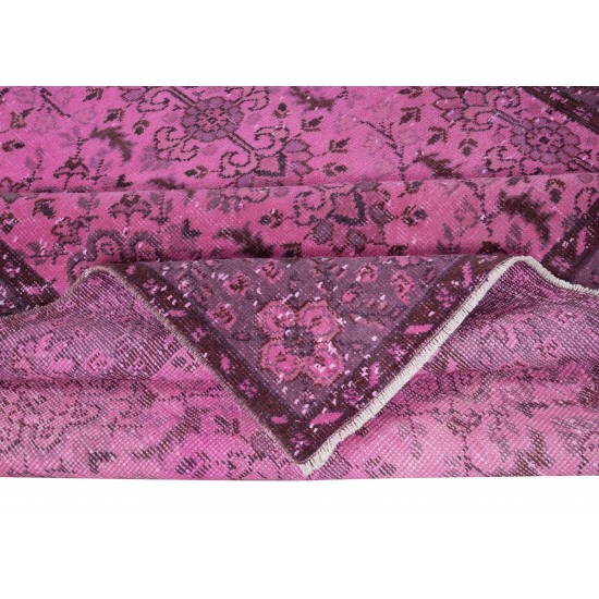 Floral Pattern Handknotted Pink Rug, Modern Turkish Overdyed Carpet