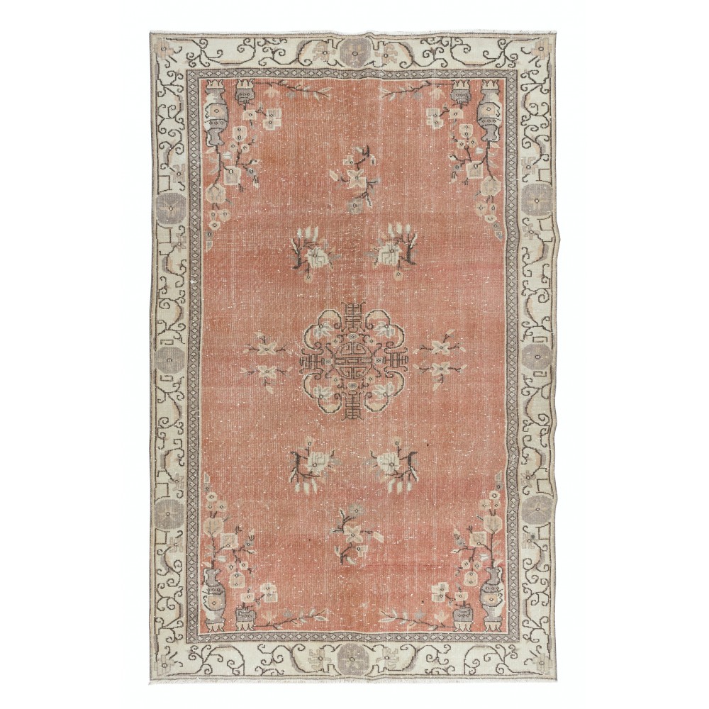 Vintage Handmade Art Deco Wool Rug in Red & Beige