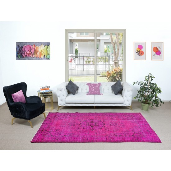Hand-Made Turkish Area Rug in Pink, Modern Wool and Cotton Carpet