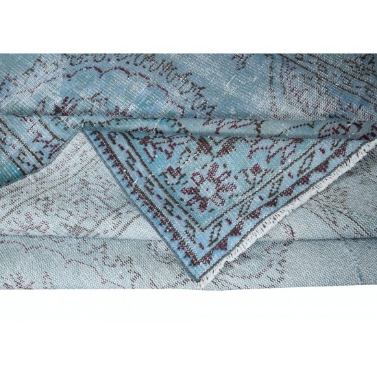 Handmade Turkish Rug Over-Dyed in Light Blue, Contemporary Carpet in Sky Blue