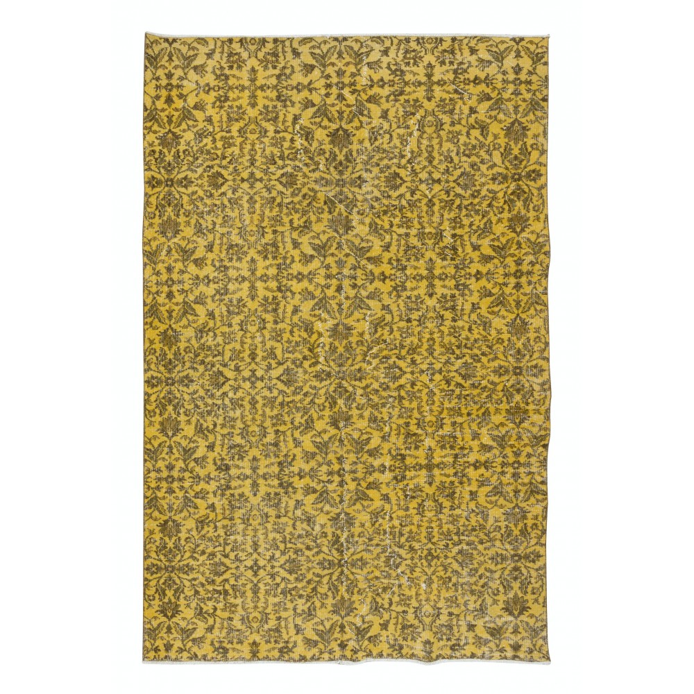 Contemporary Handmade Turkish Area Rug with Brown Florals & Yellow Background