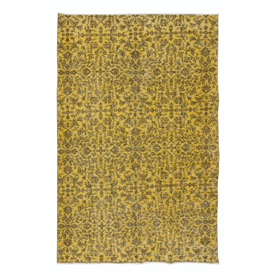 Contemporary Handmade Turkish Area Rug with Brown Florals & Yellow Background